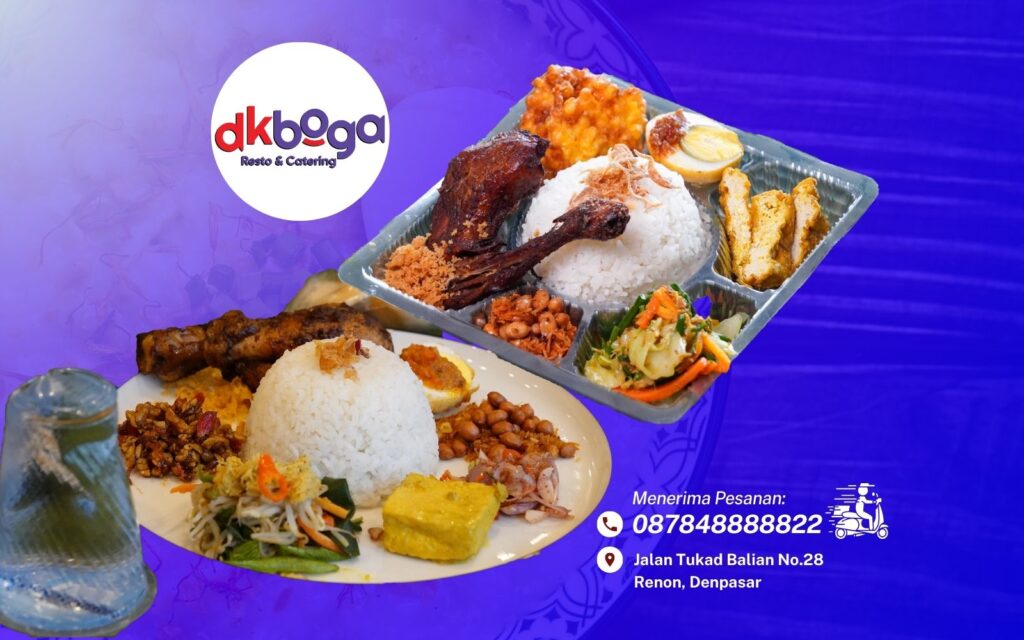 Kotak nasi catering dari DK Boga Catering dengan tampilan elegan, berisi nasi, lauk pauk, dan sayuran segar, siap disajikan untuk berbagai acara di Bali.